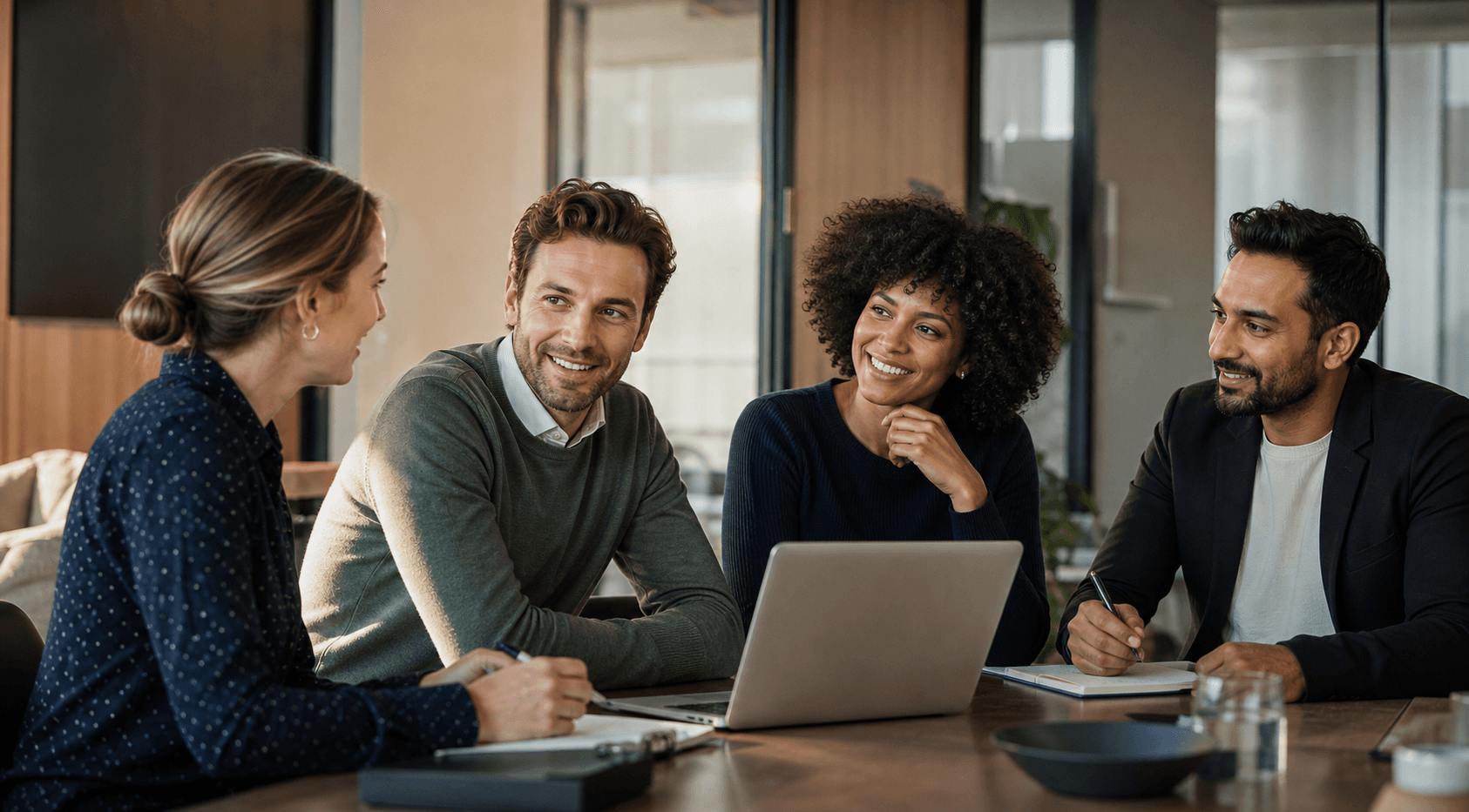 Vier financeprofessionals in gesprek in een moderne vergaderruimte